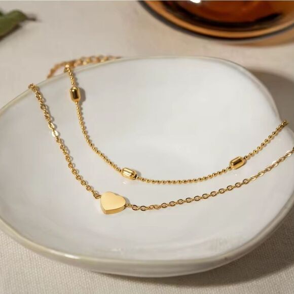 New 18k Gold Ss  Double Anklet / Bracelet Cable & Ball Chain Heart Charm Detail - Picture 3 of 7